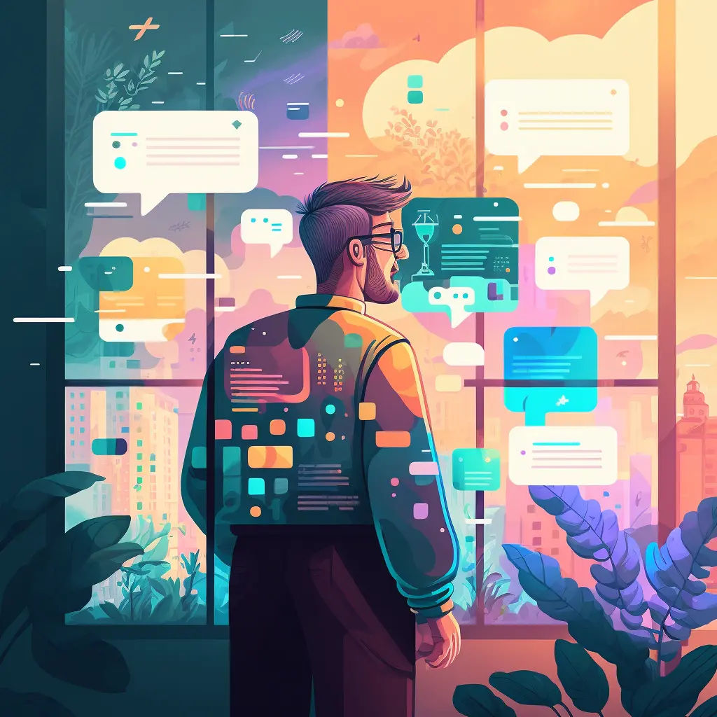 user being inspired by the possibilities of an app, illustration for a tech company, by slack and dropbox, style of behance 